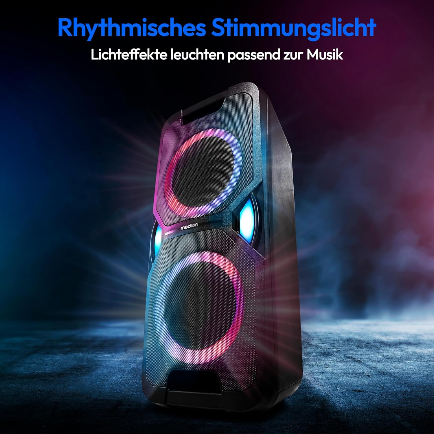 MEDION P61468 Party-Soundsystem (Altoparlante da festa con microfono, karaoke, batteria, radio FM, Bluetooth 5.0, sistema compatto, 2x 220 Watt, LED colorati, USB, AUX, 2x ingressi microfono)