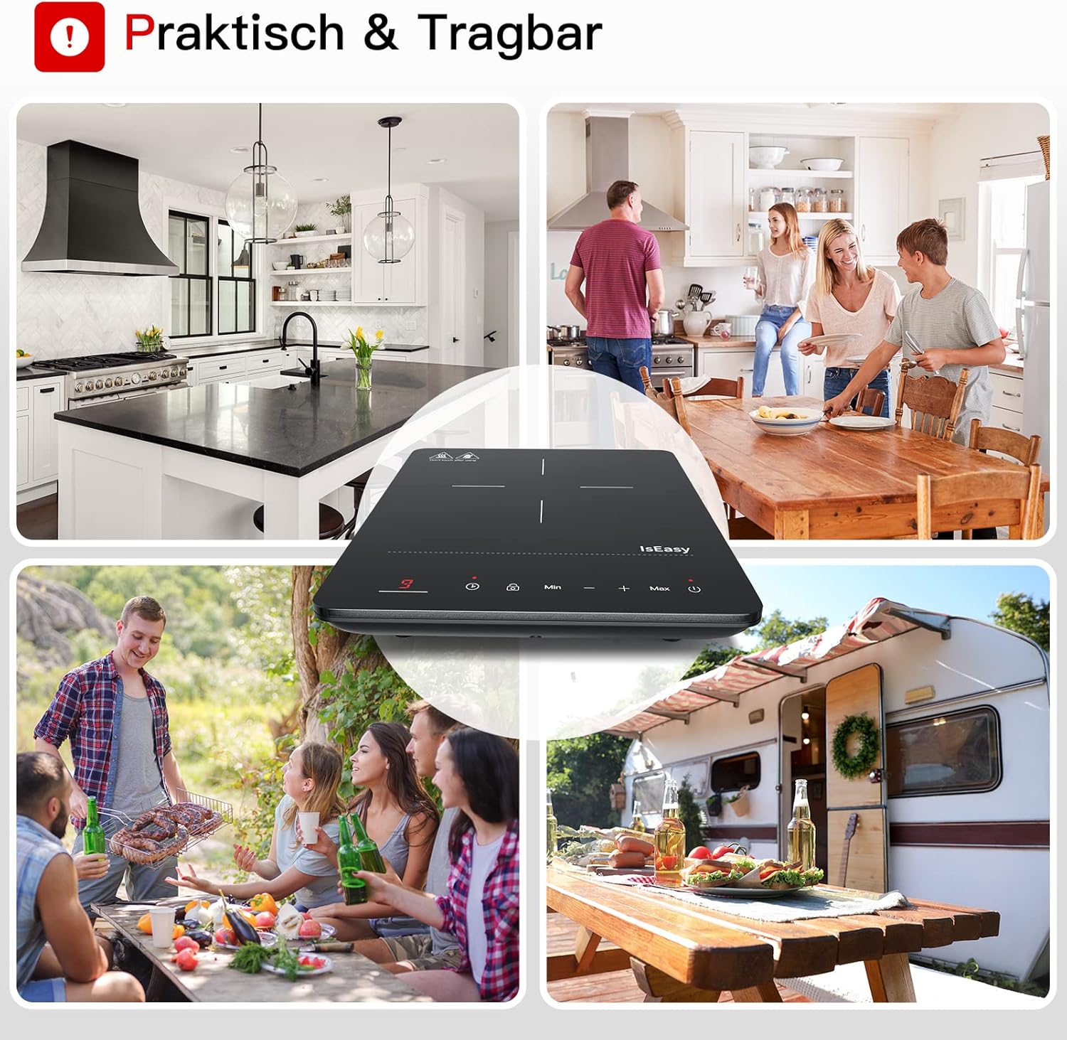 IsEasy 4 Zonen Einbau Induktionskochfeld mit 9 Leistungsstufen &1-99Min Timer, Boost-Funktion, Induktionskochplatte, Induktion Herdplatte mit 4 Platten, 60cm, 6800W, Schwarz