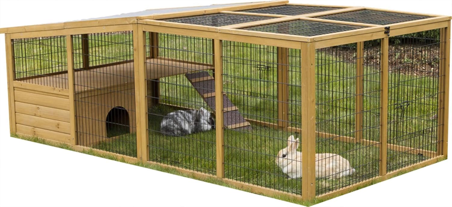 Kerbl Recinto per piccoli animali con blocco anti-fuga (spaziatura della griglia 2,5 cm, area esterna coperta, con tetto in plastica, inclusa casetta per piccoli animali + piattaforma panoramica) 81708