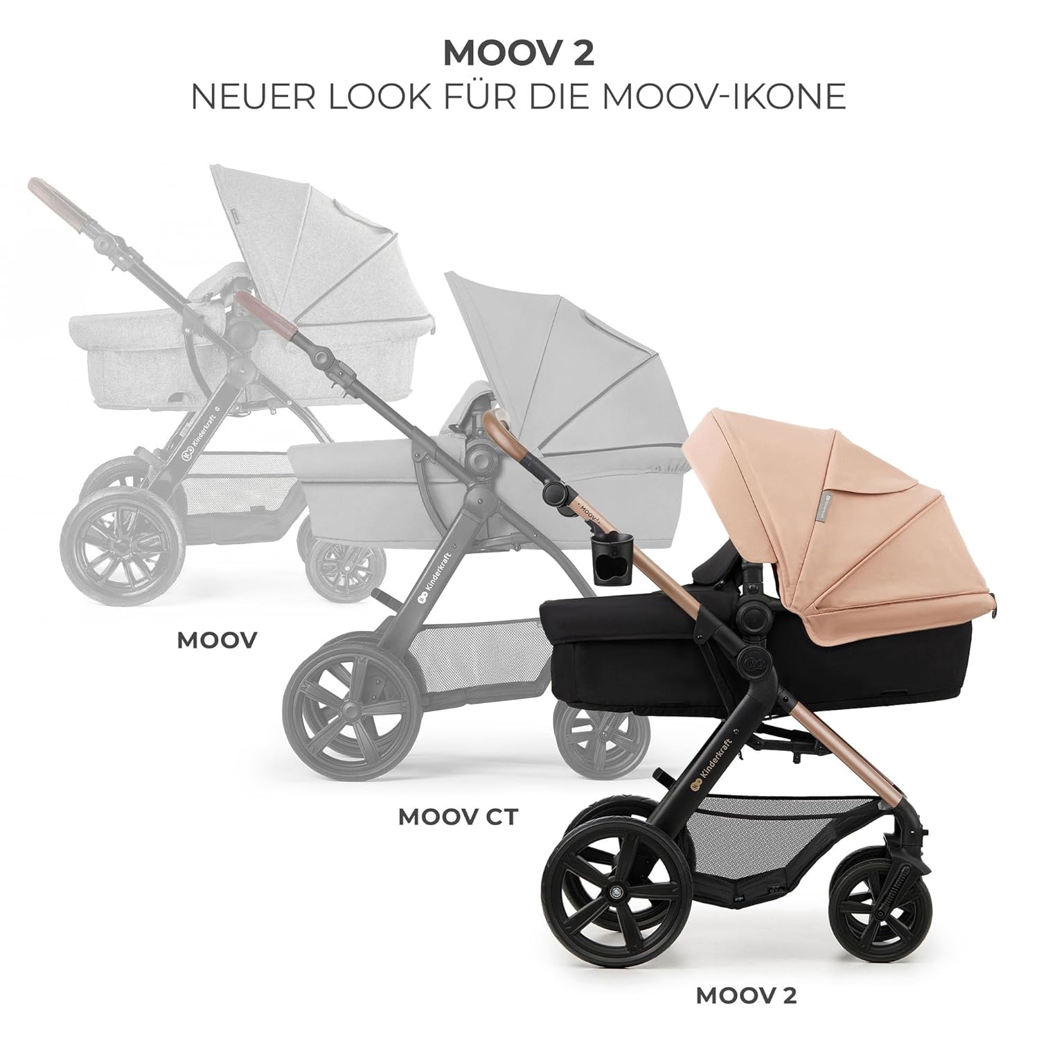 Kinderkraft MOOV2 AIR Passeggino 3 in 1, Set da 26 kg con seggiolino auto I-SIZE 40-75 cm, funzione passeggino, schienale reclinabile, ampia cappottina estensibile, ruote gonfiabili, grigio