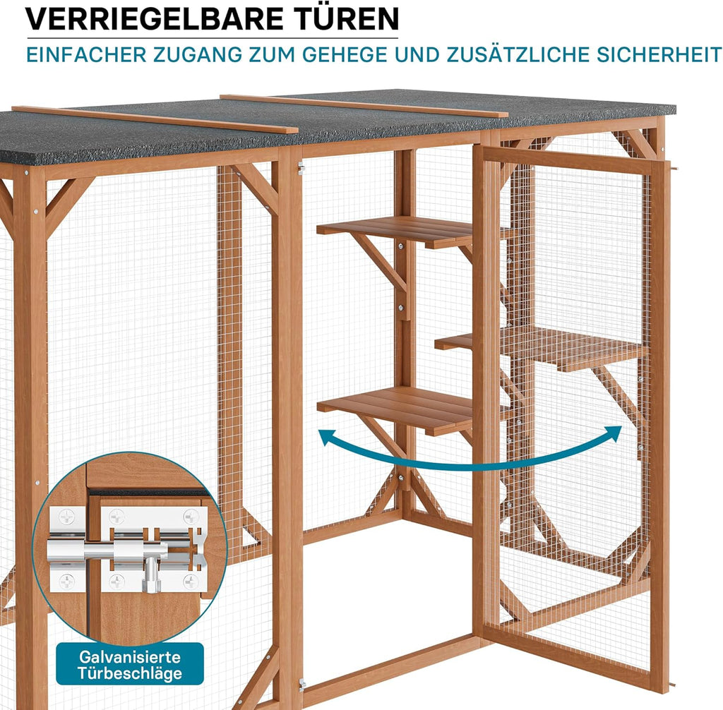Wiltec Recinto esterno per gatti 168 x 82 x 166,5 cm con 6 piattaforme, gabbia per gatti da giardino resistente alle intemperie, cuccia per gatti con rete metallica e tetto in bitume
