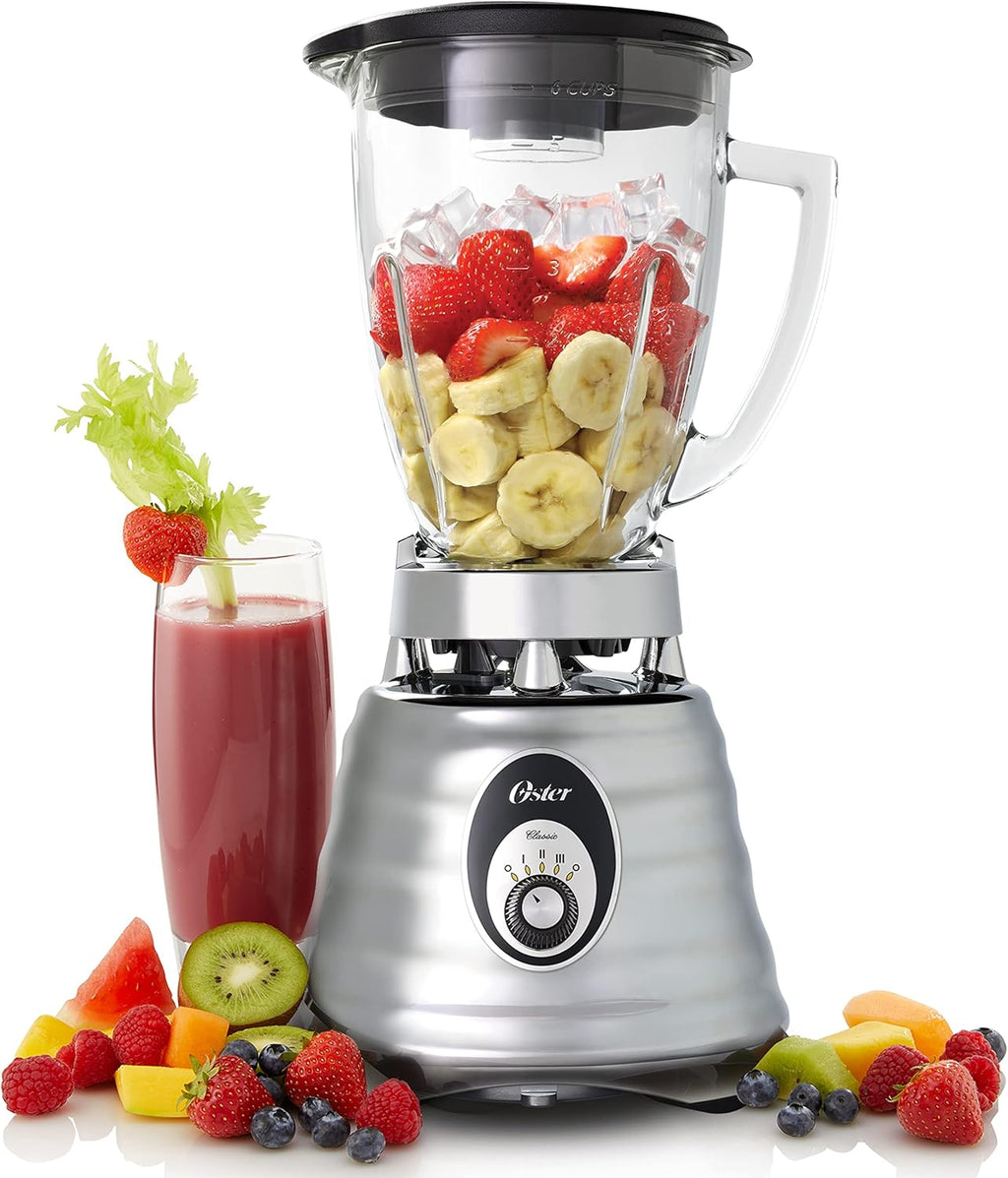 OSTER Classic Frullatore a immersione e frullatore per smoothie, 3 velocità, 600 W, bicchiere in vetro da 1,25 l, lame in acciaio inossidabile [OBL245X], 1 pezzo