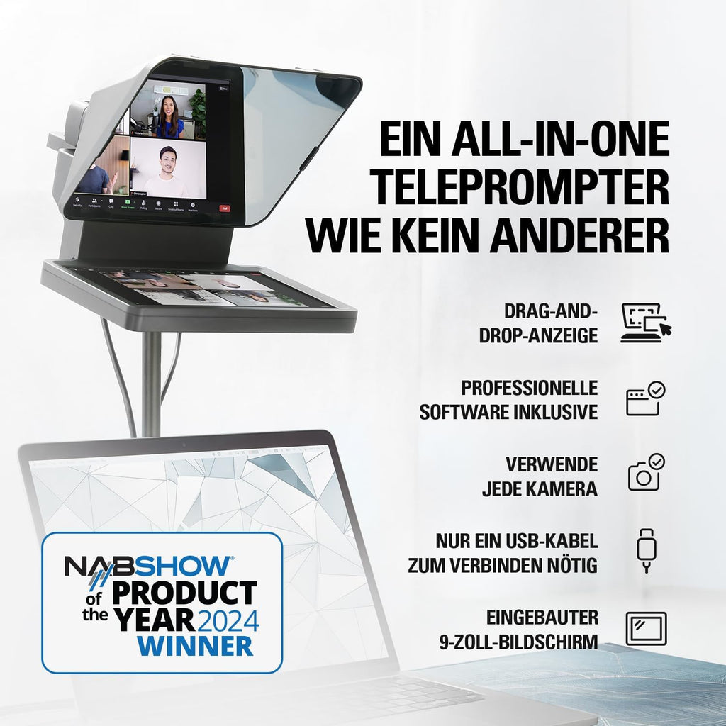 Elgato Prompter – Teleprompter mit integriertem Bildschirm für YouTube, Twitch, Zoom, Teams und mehr, unterstützt DSLR/Webcam/Smartphone, Drag&Drop-Monitoranzeige, funktioniert mit Mac/PC&Stream Deck