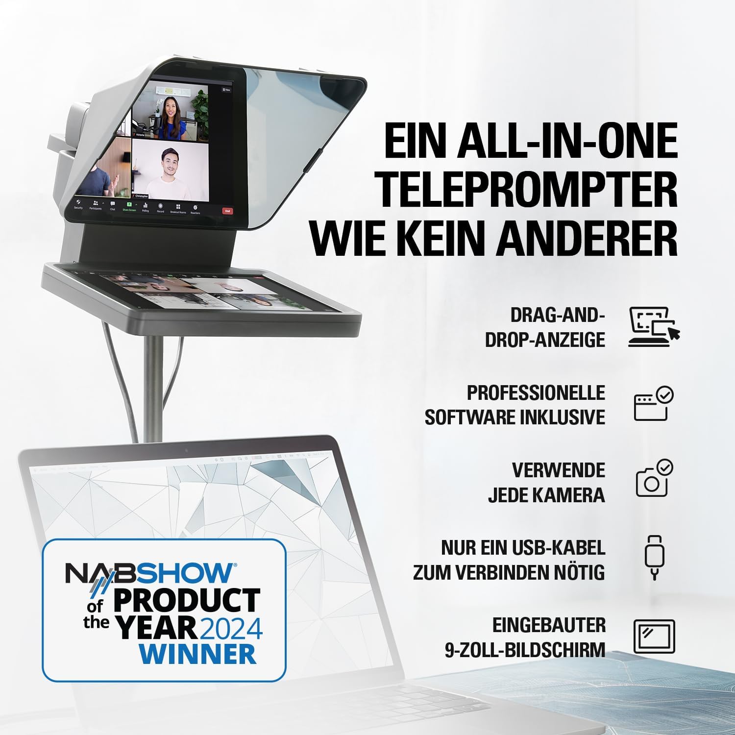 Elgato Prompter – Teleprompter mit integriertem Bildschirm für YouTube, Twitch, Zoom, Teams und mehr, unterstützt DSLR/Webcam/Smartphone, Drag&Drop-Monitoranzeige, funktioniert mit Mac/PC&Stream Deck
