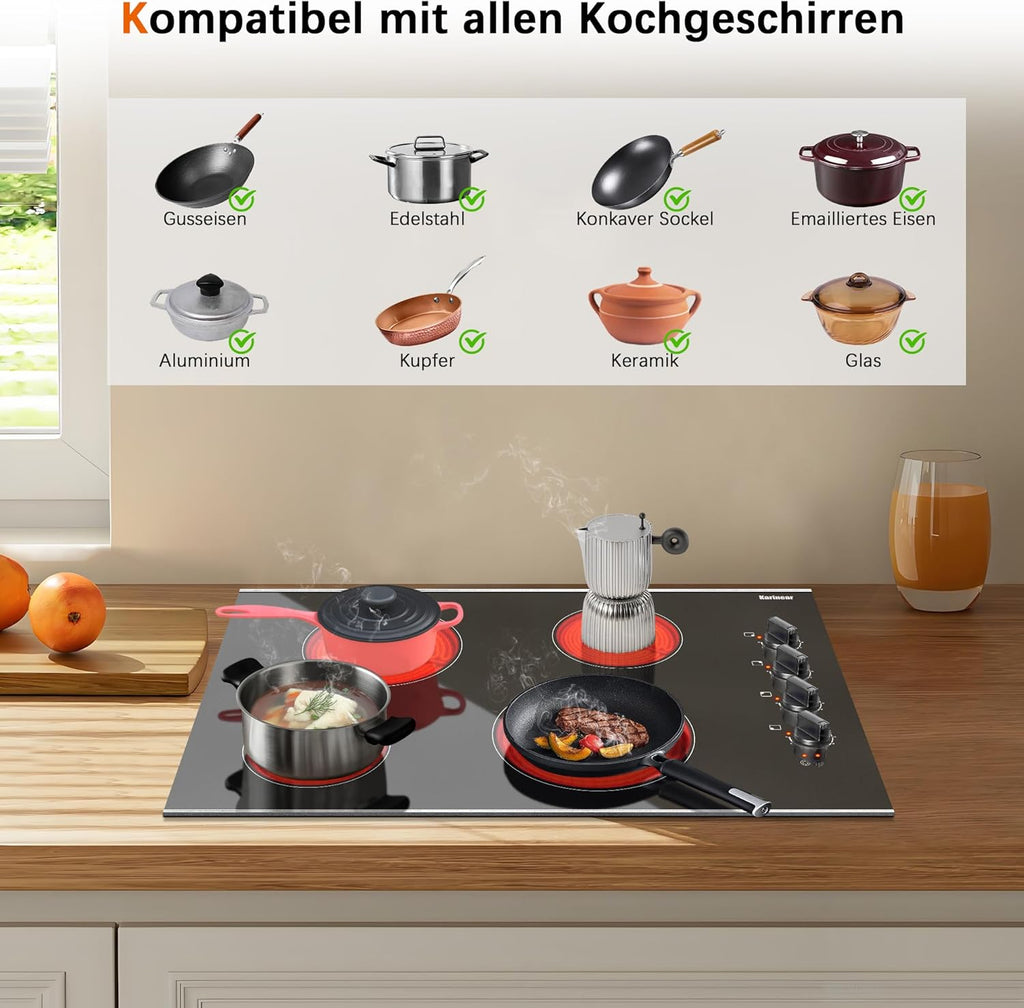 Karinear Einbau-Kochfeld aus Glaskeramik, 4 Kochfelder, mit doppelter ausziehbarer Zone, integrierter elektrischer Tisch mit Touch-Steuerung, Timer, Verriegelung für Kinder, 6600 W