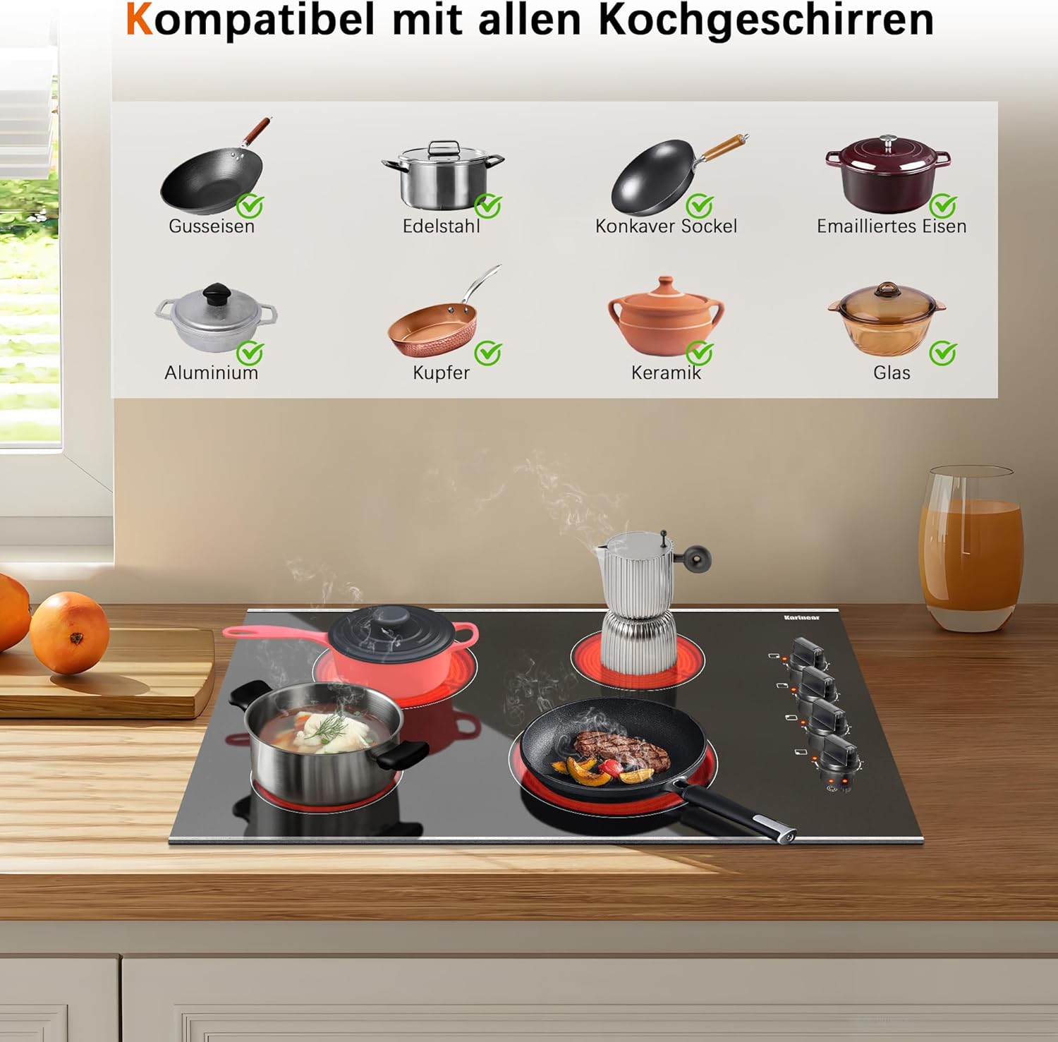 Karinear Einbau-Kochfeld aus Glaskeramik, 4 Kochfelder, mit doppelter ausziehbarer Zone, integrierter elektrischer Tisch mit Touch-Steuerung, Timer, Verriegelung für Kinder, 6600 W