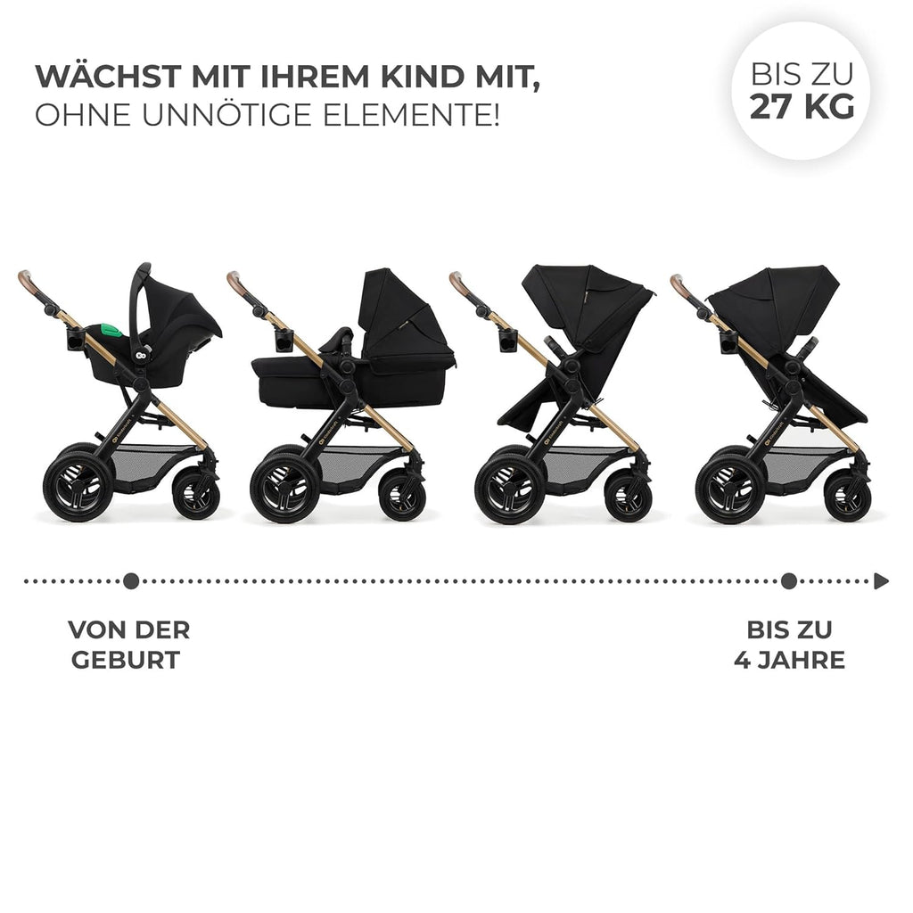 Kinderkraft MOOV2 AIR Passeggino 3 in 1, Set da 26 kg con seggiolino auto I-SIZE 40-75 cm, funzione passeggino, schienale reclinabile, ampia cappottina estensibile, ruote gonfiabili, grigio