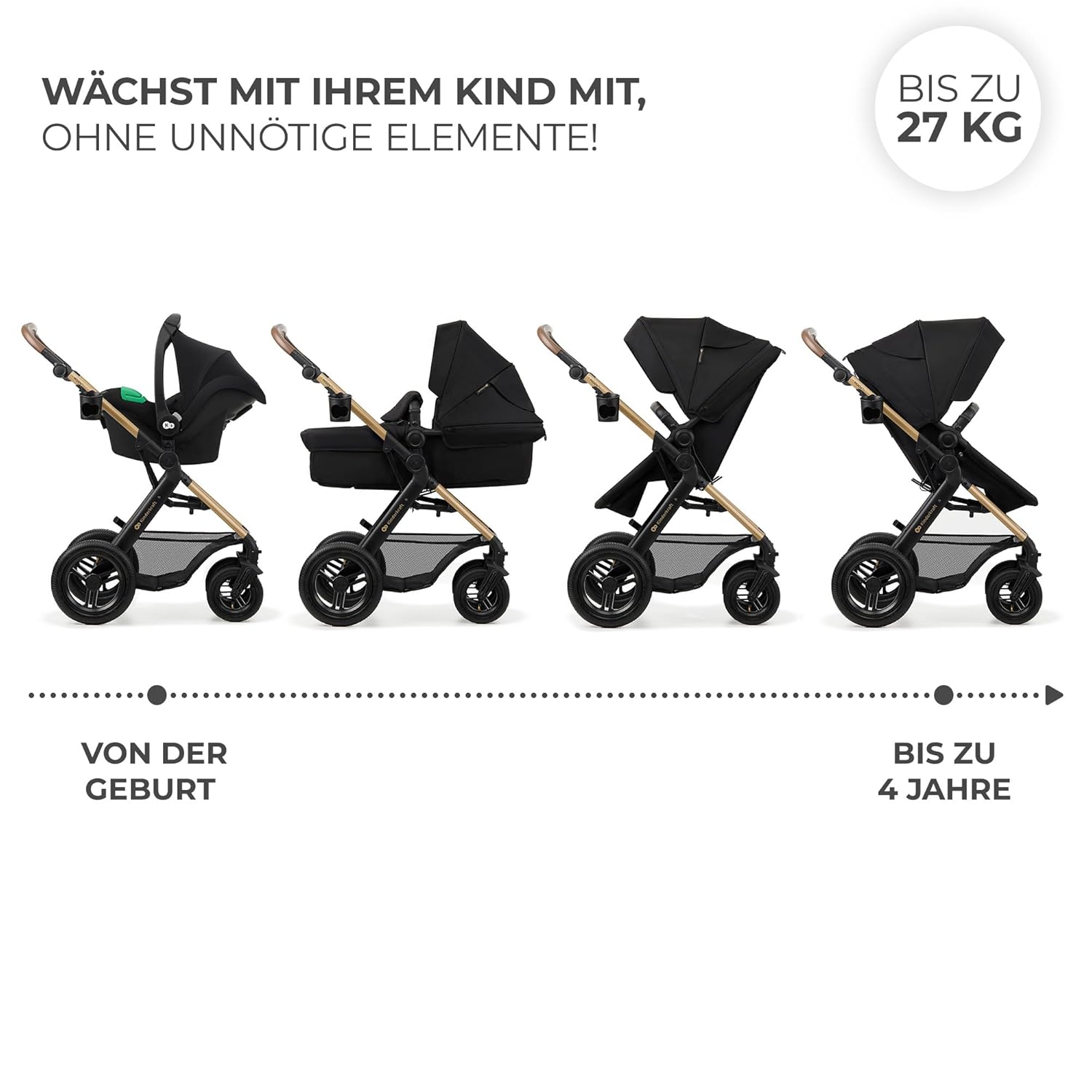 Kinderkraft MOOV2 AIR Passeggino 3 in 1, Set da 26 kg con seggiolino auto I-SIZE 40-75 cm, funzione passeggino, schienale reclinabile, ampia cappottina estensibile, ruote gonfiabili, grigio