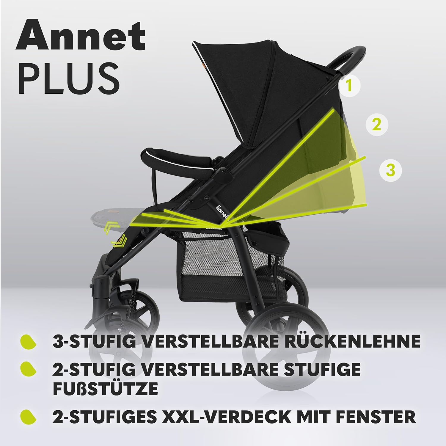 LIONELO Annet Buggy fino a 22 kg con funzione reclinabile, passeggino compatto richiudibile con accessori, ruote in schiuma EVA, zanzariera, coprigambe, portabevande, cestino (Golden Moments, Tour)