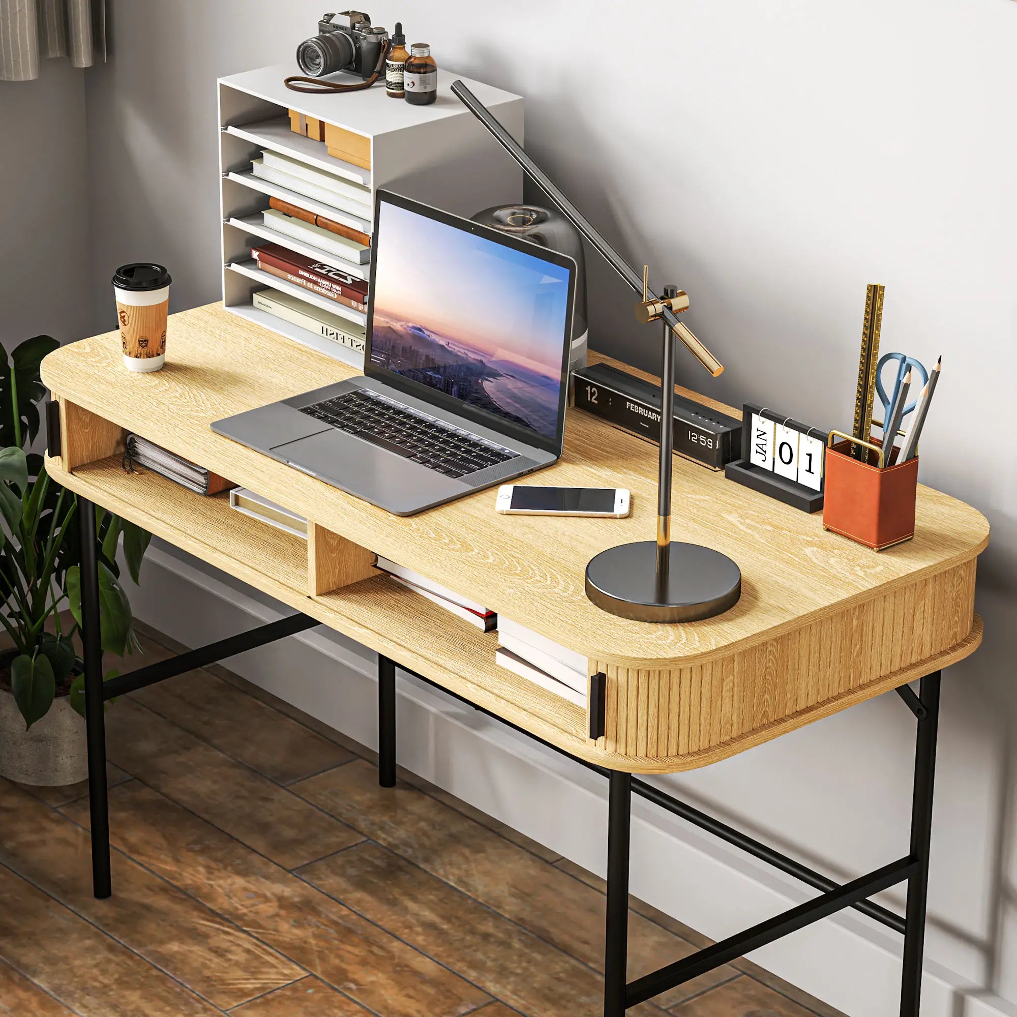 HOMCOM Scrivania con Vano Contenitore Decorazione a Lamelle Rovere