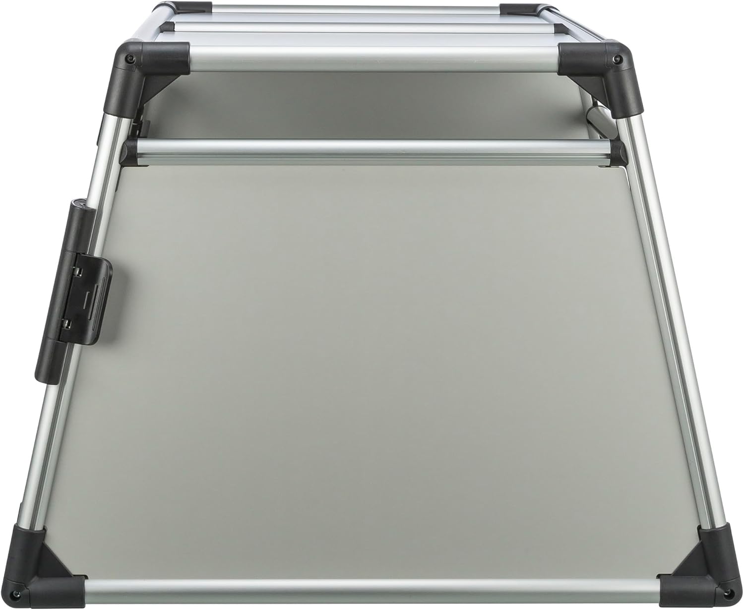 TRIXIE Hunde-Transportbox Aluminium in silber – M: 55 × 62 × 73 cm, stabile und geräuscharme Hundebox mit abgeschrägten Seiten, Sicherheitsverschluss & rutschfester Liegematte – 39342