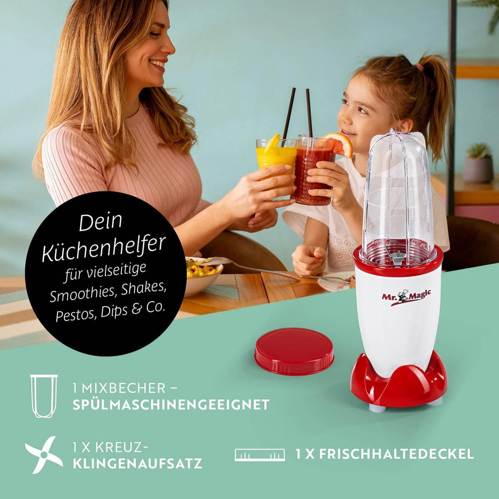 GOURMETmaxx Frullatore per Smoothie e Frullatore a Immersione Set da 18 pezzi - 400W | Frullatore Elettrico da 750ml, Mixer con 4 Bicchiere To-Go, 2 Lame, Spremiagrumi, Piedistallo e Coperchio | Lavabile in Lavastoviglie, a Prova di Perdite e Senza BPA