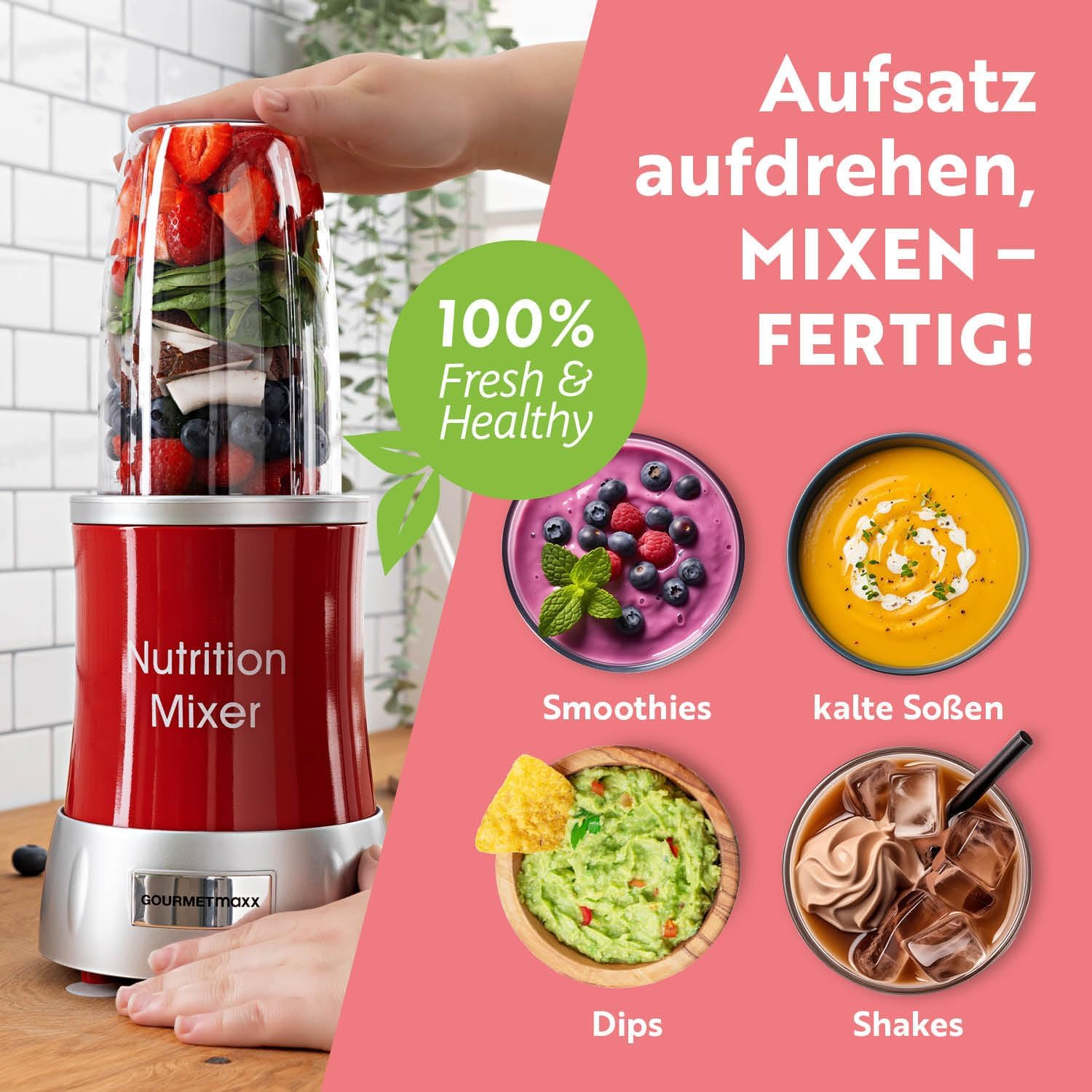 GOURMETmaxx Frullatore per Smoothie e Frullatore a Immersione Set da 18 pezzi - 400W | Frullatore Elettrico da 750ml, Mixer con 4 Bicchiere To-Go, 2 Lame, Spremiagrumi, Piedistallo e Coperchio | Lavabile in Lavastoviglie, a Prova di Perdite e Senza BPA