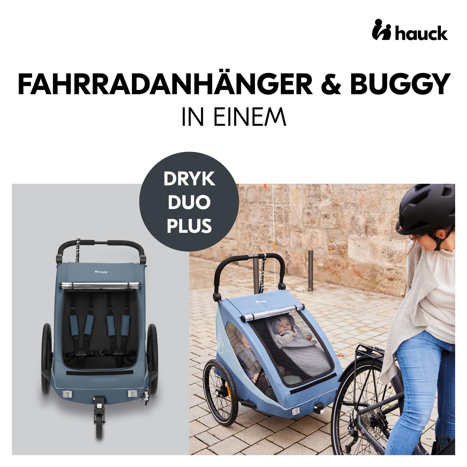 hauck Rimorchio Bici & Passeggino Dryk Duo Plus con Sospensioni, per 2 Bambini (6-48 mesi), incl. Timone, Ruota da Passeggino, Bandierina e Luce LED, Pieghevole, Regolabile in Altezza, Baule XL (Verde Scuro)