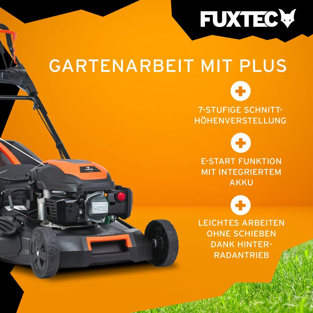 FUXTEC Tosaerba a Benzina 4in1 FX-RM5196eSPRO con Avviamento Elettrico e Trazione Regolabile, Rasaerba con Paraurti Anteriore, Larghezza di Taglio 51 cm, Ruote Big Wheel con Cuscinetti a Sfera, Cesto Raccoglierba da 60L