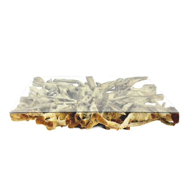 Tavolino da salotto in radice di legno NAGA 150cm x 150cm con piano in vetro
