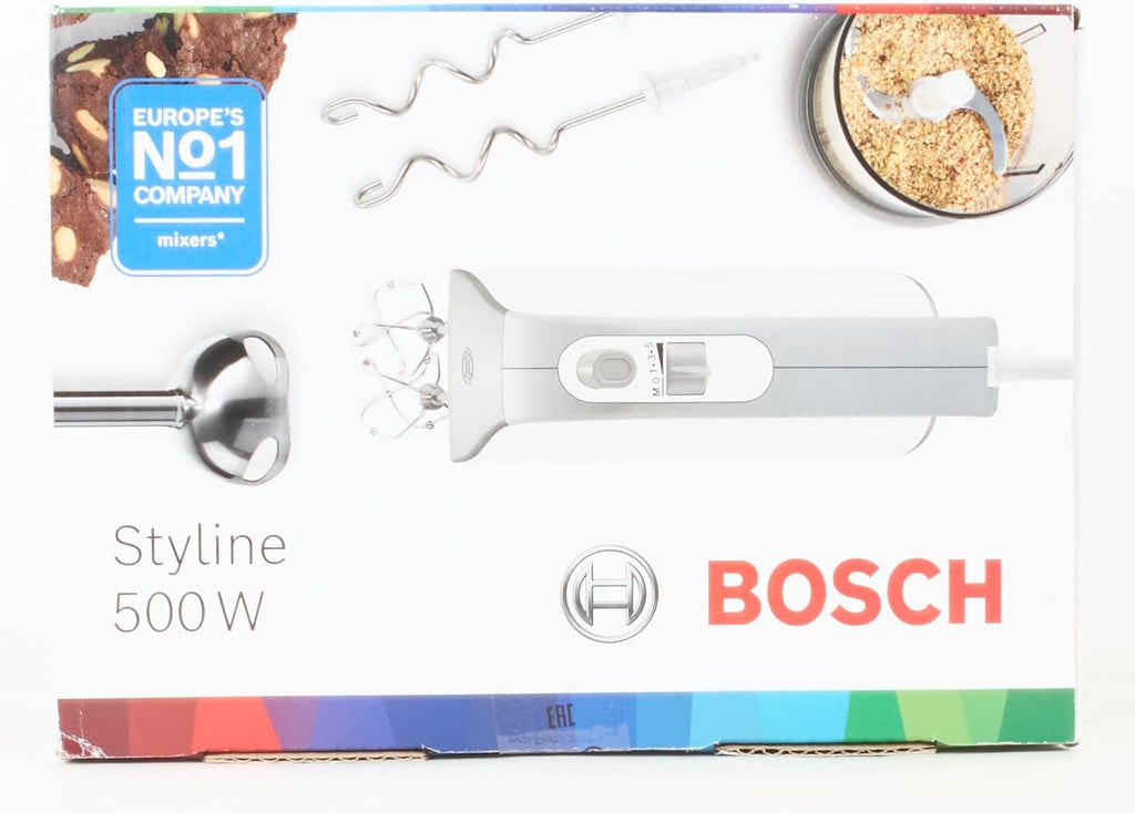 Bosch Hausgerte Handrührer Styline MFQ4080, 2 Rührbesen, 2 Edelstahl-Knethaken, spülmaschinengeeignet, Zerkleinerer, Pürierstab, 5 Stufen plus Turbostufe, 500 W, wei/silber