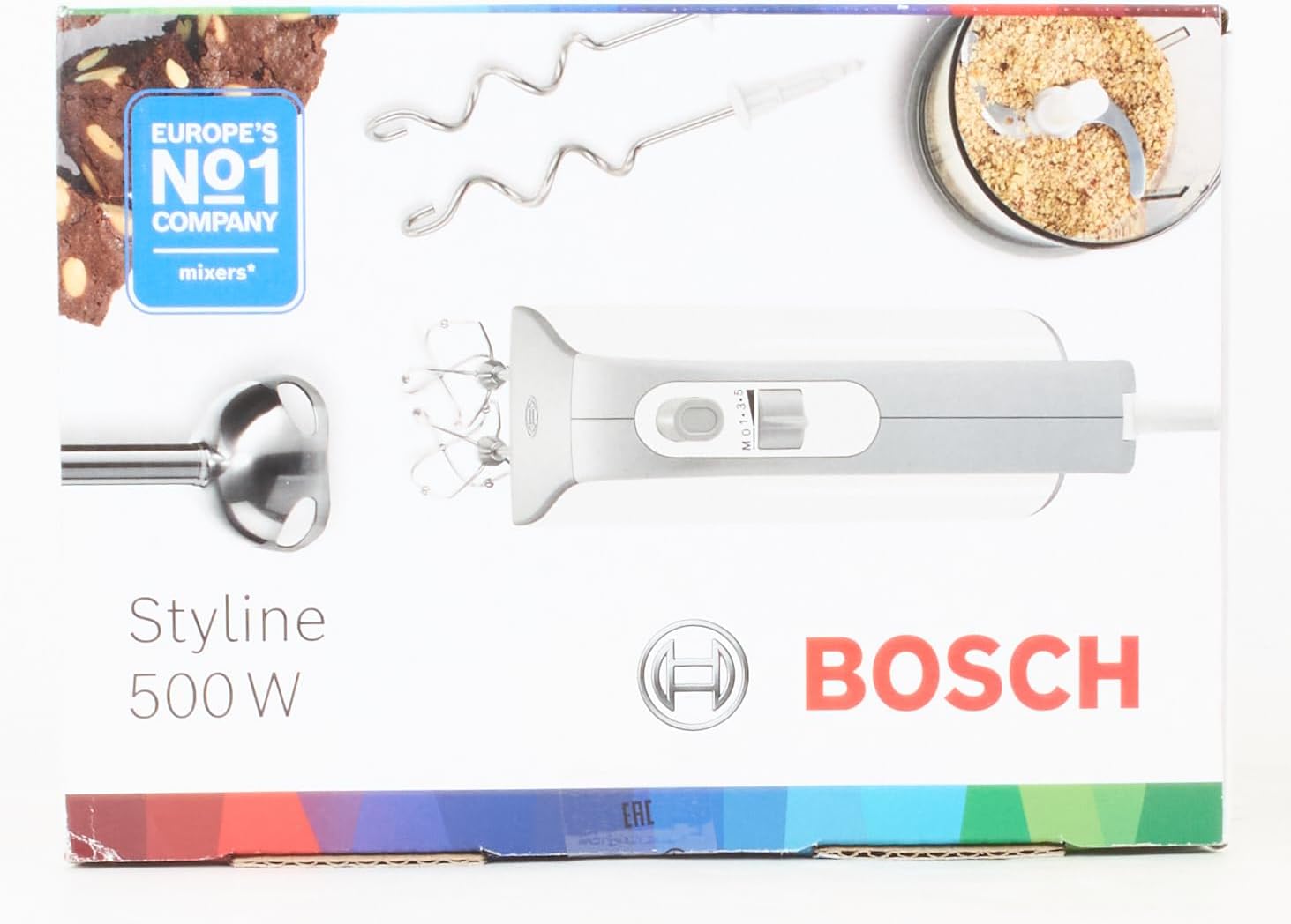 Bosch Hausgerte Handrührer Styline MFQ4080, 2 Rührbesen, 2 Edelstahl-Knethaken, spülmaschinengeeignet, Zerkleinerer, Pürierstab, 5 Stufen plus Turbostufe, 500 W, wei/silber
