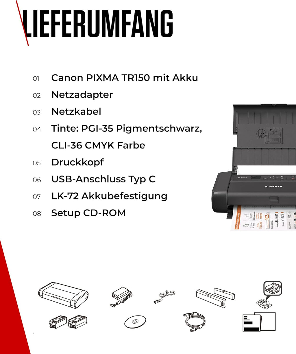 Canon PIXMA TR150 stampante portatile con batteria (Wi-Fi, cloud, AirPrint, 4.800 DPI x 1.200 DPI, USB 2.0 ad alta velocità tipo C, display OLED, stampante a getto d'inchiostro), nero