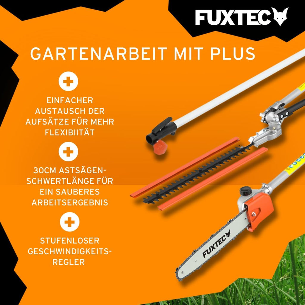 FUXTEC Decespugliatore a scoppio FX-MT152E Multitool 5in1, 52 cc, imbracatura professionale e prolunga da 1m inclusa, 3 CV, combinato tagliasiepi, potatore ad asta, sistema combinato, decespugliatore fs 2 tempi test di classe superiore 1,4