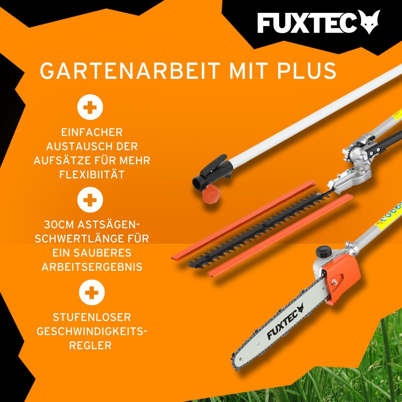 FUXTEC Decespugliatore a scoppio FX-MT152E Multitool 5in1, 52 cc, imbracatura professionale e prolunga da 1m inclusa, 3 CV, combinato tagliasiepi, potatore ad asta, sistema combinato, decespugliatore fs 2 tempi test di classe superiore 1,4