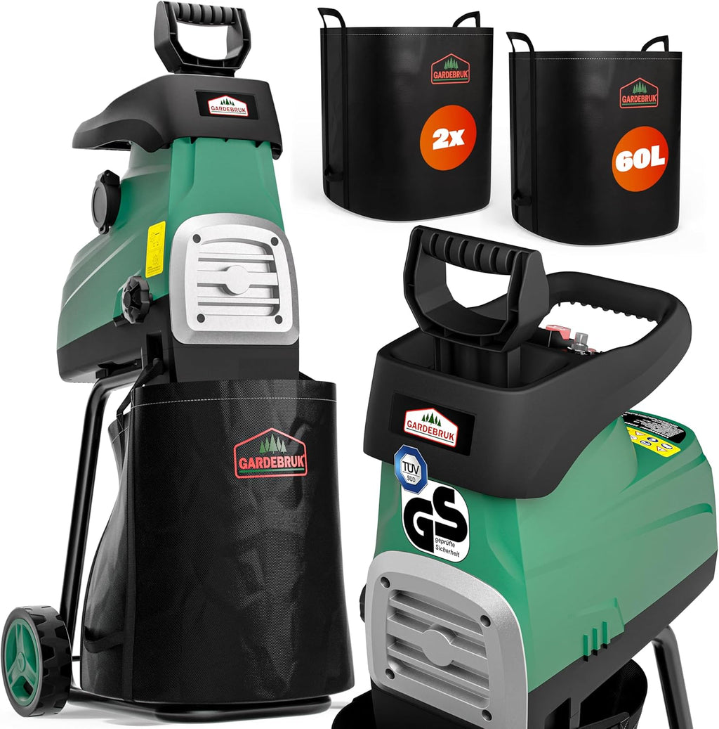 Gardebruk® Leisehäcksler 3100 W max. 44 mm Aststärke Elektrisch 2 x 60 L Auffangbeutel Gartenhäcksler Walzenhäcksler Schredder Häcksler
