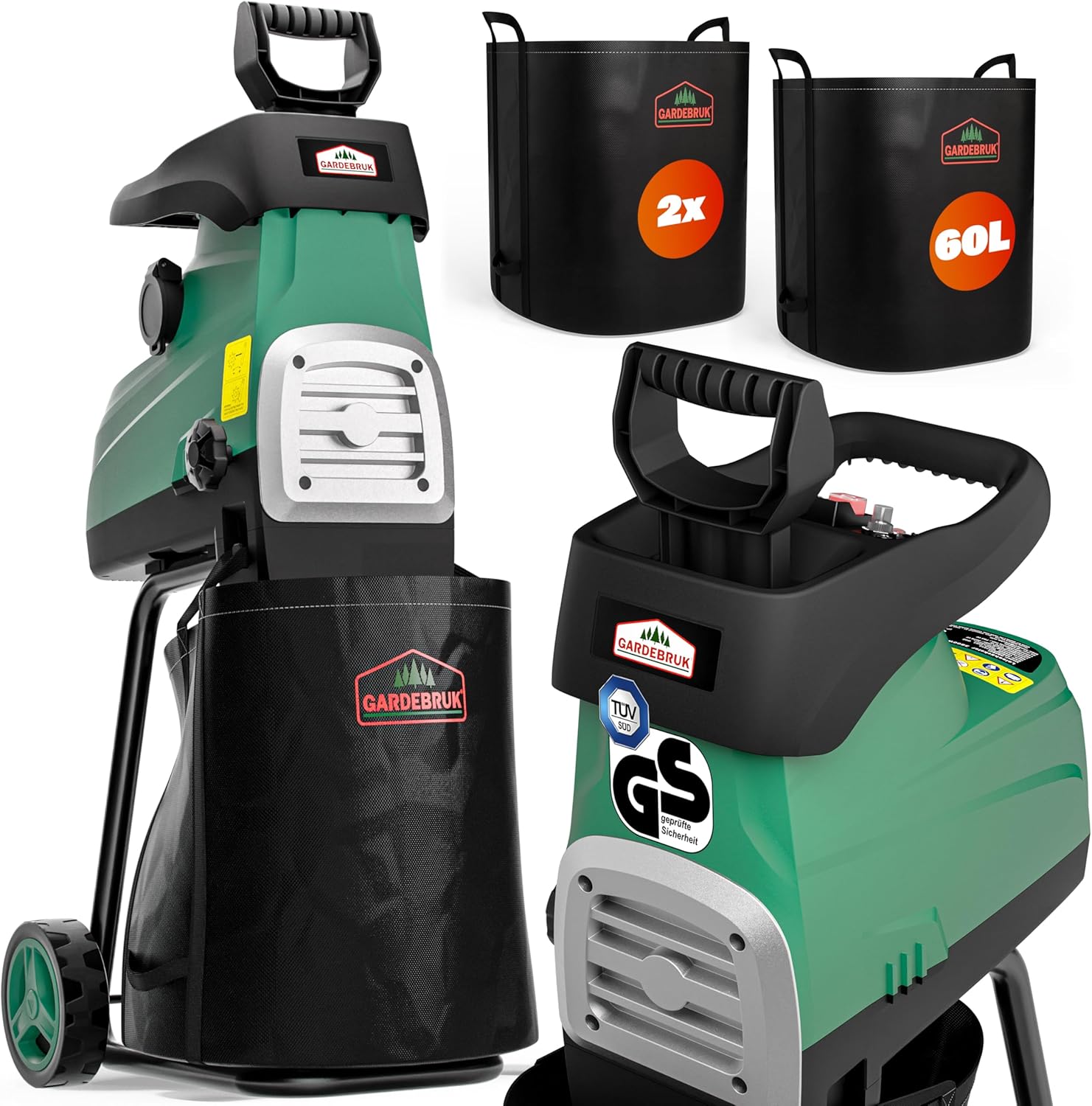 Gardebruk® Leisehäcksler 3100 W max. 44 mm Aststärke Elektrisch 2 x 60 L Auffangbeutel Gartenhäcksler Walzenhäcksler Schredder Häcksler
