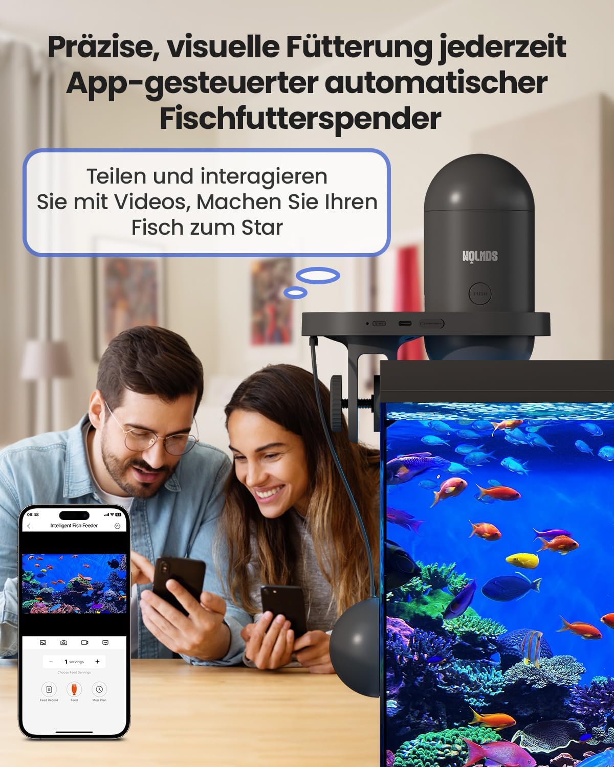 Wolmds automatischer Fischfütterer mit 2.5K Kamera, App-Steuerung, feuchtigkeitsbeständiger Urlaubsfutterspender, Präzisionsfütterungssystem, visueller Monitor für Aquarien, Schildkrötenstiften (FS-2)