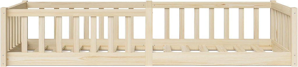 Bellabino Vere Letto a Pavimento 140x200 Montessori, Letto Matrimoniale con Protezione Anticaduta e Rete a Doghe, Letto per Bambini e Bambine in Legno Massello di Pino Bianco con Sbarre