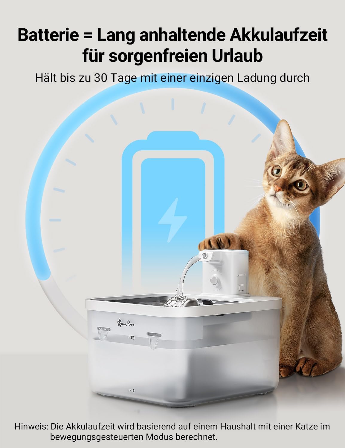 DownyPaws 2.5L Trinkbrunnen für Katze Kabellos, Katzenbrunnen Kabellos mit Bewegungsmelder, Batteriebetrieben Katzentrinkbrunnen, 4000mAh, Leise Wasserpumpe, Tablett aus Edelstahl für Katze, Schwarz