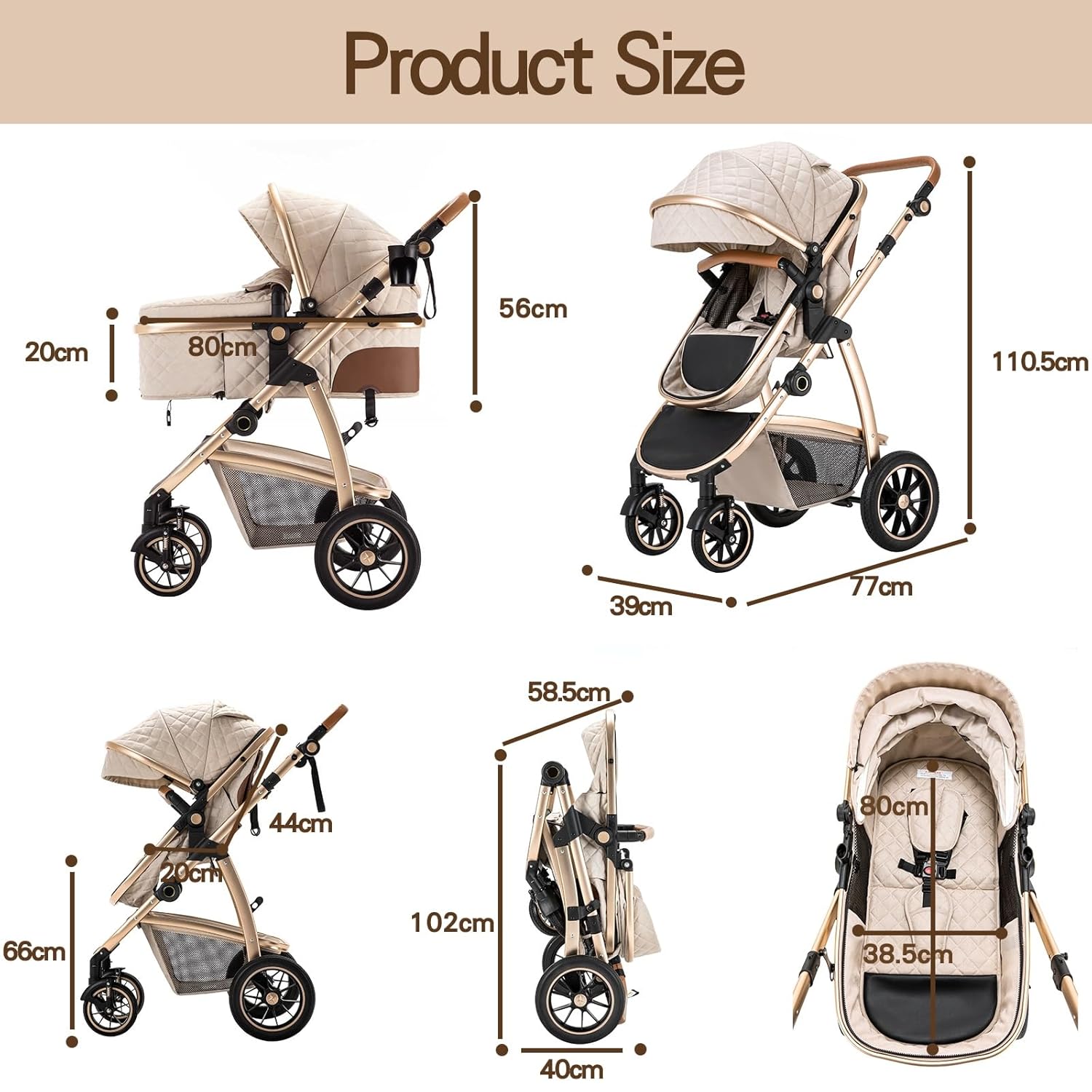 Gcarebb Passeggino 3 in 1, Buggy con Ovetto, Set Completo Passeggino Regolabile in Altezza, Passeggino Combinato con Telaio in Alluminio per Neonati 0-4 Anni