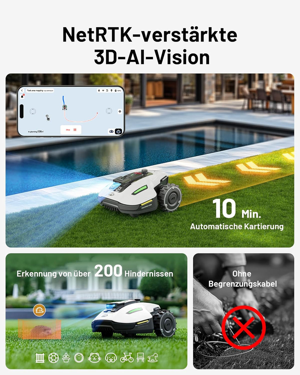 MAMMOTION YUKA Mini 500 Robot Rasaerba senza Filo Perimetrale, NetRTK+Vision, Nessuna Antenna RTK Necessaria, Mappatura Automatica, Consigliato 500m², Max 700m², con Modulo 4G, Pendenza 50%