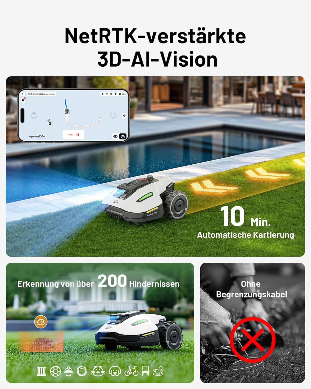 MAMMOTION YUKA Mini 500 Robot Rasaerba senza Filo Perimetrale, NetRTK+Vision, Nessuna Antenna RTK Necessaria, Mappatura Automatica, Consigliato 500m², Max 700m², con Modulo 4G, Pendenza 50%