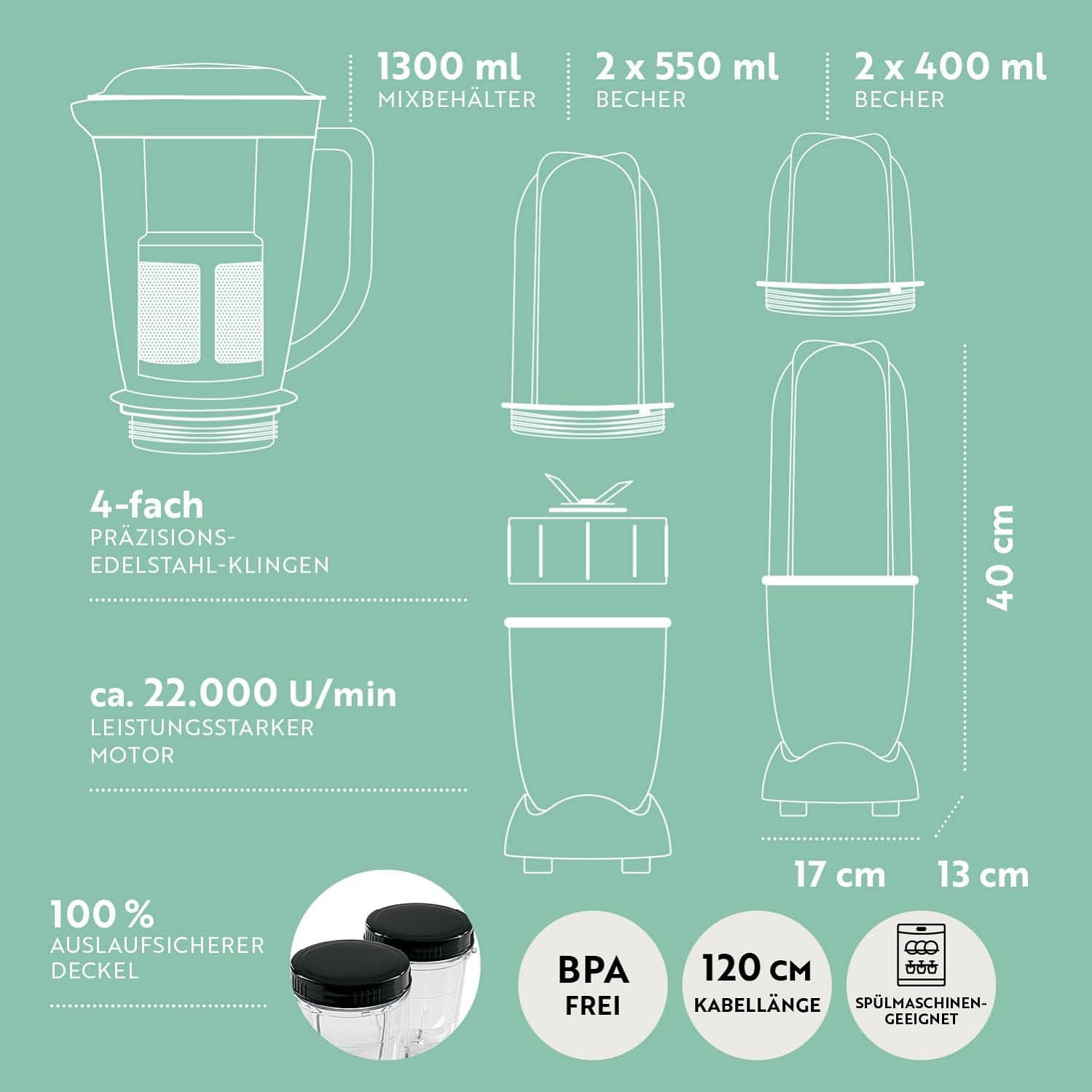 GOURMETmaxx Frullatore per Smoothie e Frullatore a Immersione Set da 18 pezzi - 400W | Frullatore Elettrico da 750ml, Mixer con 4 Bicchiere To-Go, 2 Lame, Spremiagrumi, Piedistallo e Coperchio | Lavabile in Lavastoviglie, a Prova di Perdite e Senza BPA