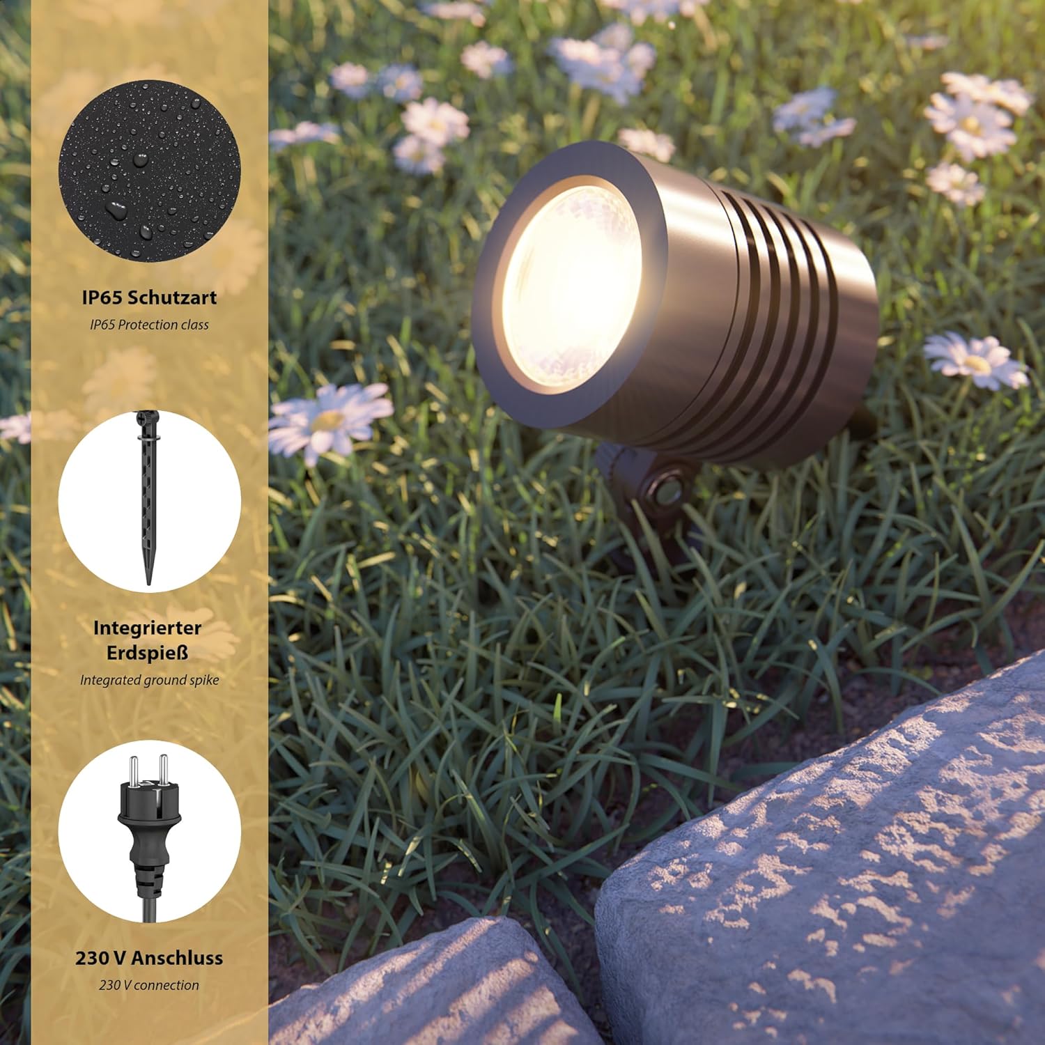 ledscom.de 10 Pezzi Faretto da Giardino a LED Piccolo con Picchetto TARL per Esterni, IP65, Spina, Nero, 4,3 W, 340lm, Bianco Caldo