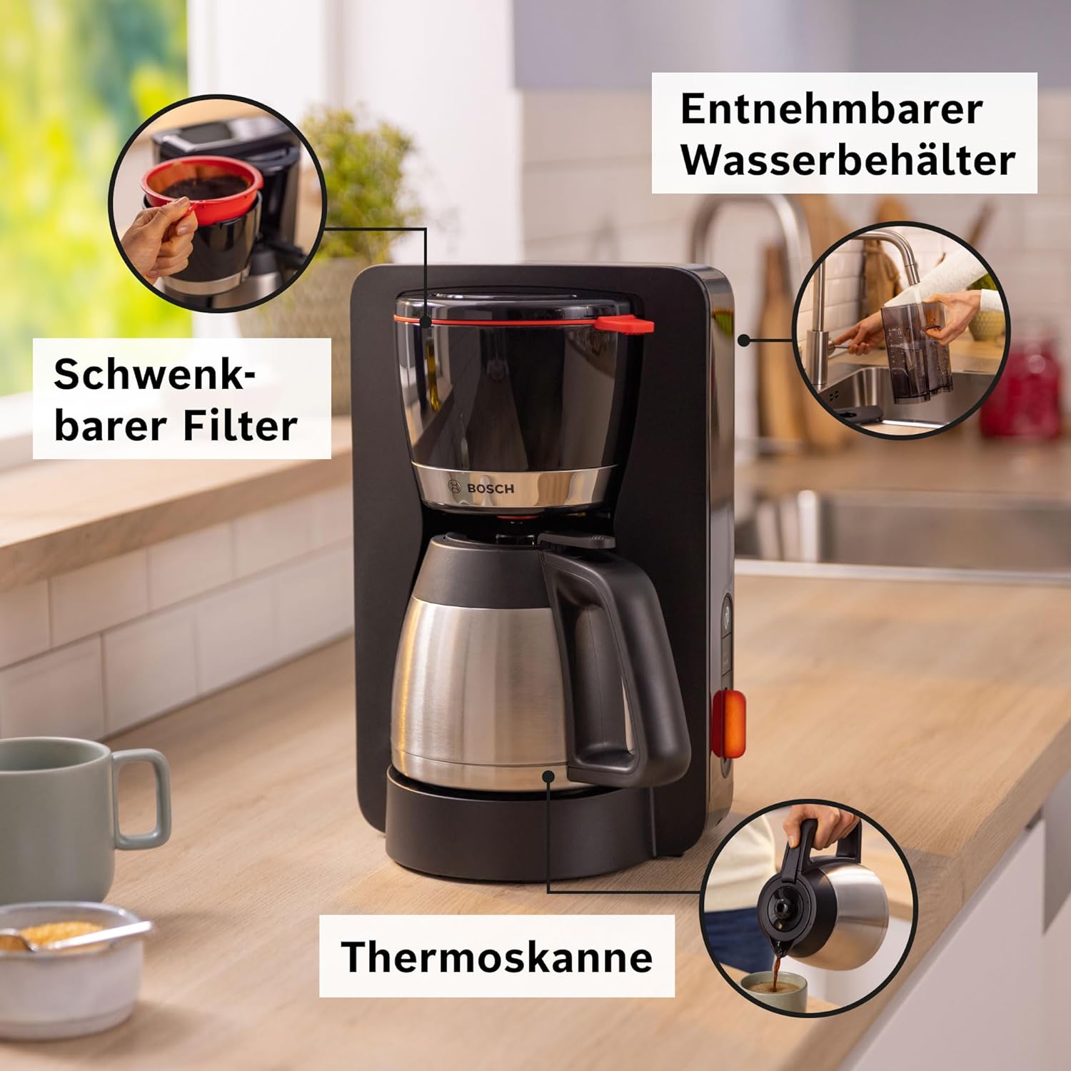 Bosch Filterkaffeemaschine MyMoment TKA3M134, Thermokanne 1 L, für 8-12 Tassen, Tropfstopp, schwenkbarer Filtertrger, Entkalkungsprogramm, abnehmbarer Wassertank, 1200 Watt, Schwarz matt