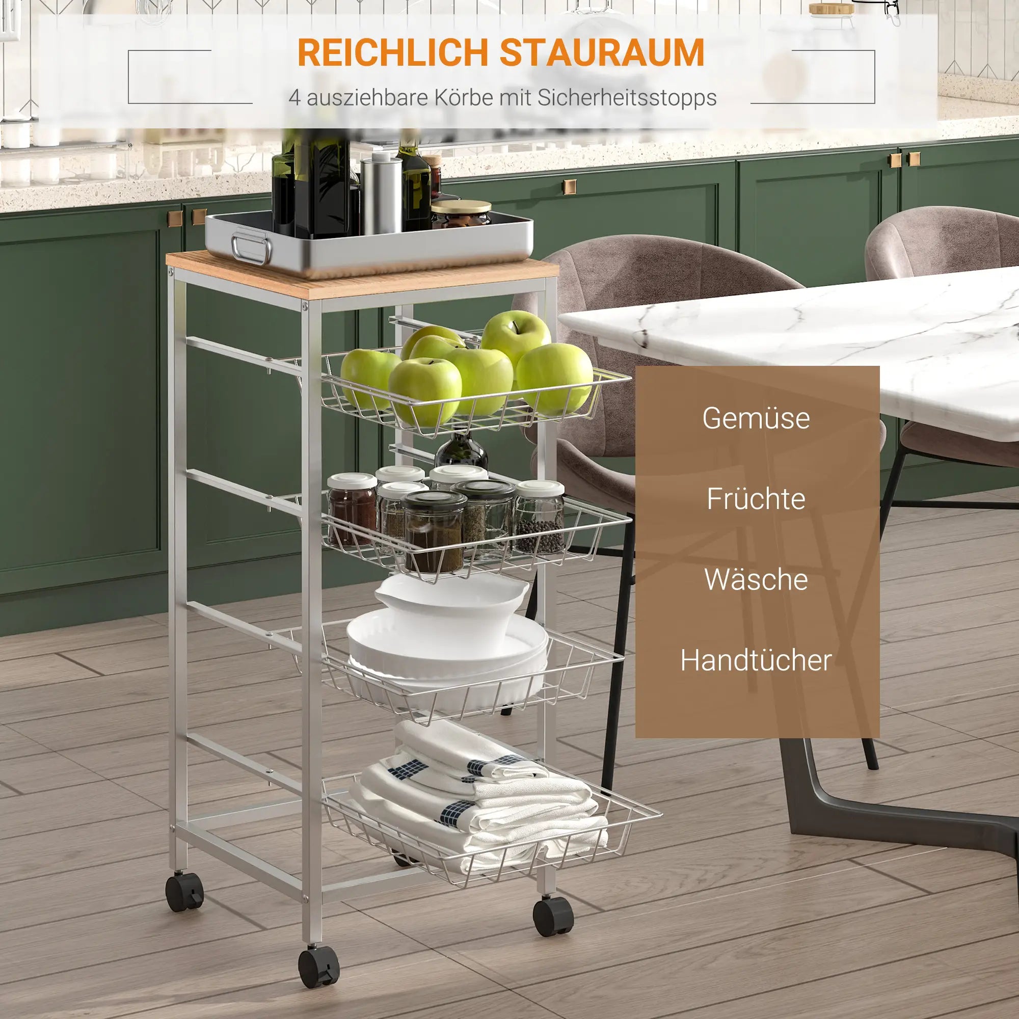 HOMCOM Carrello da Cucina con Ruote a 4 Cesti in Acciaio