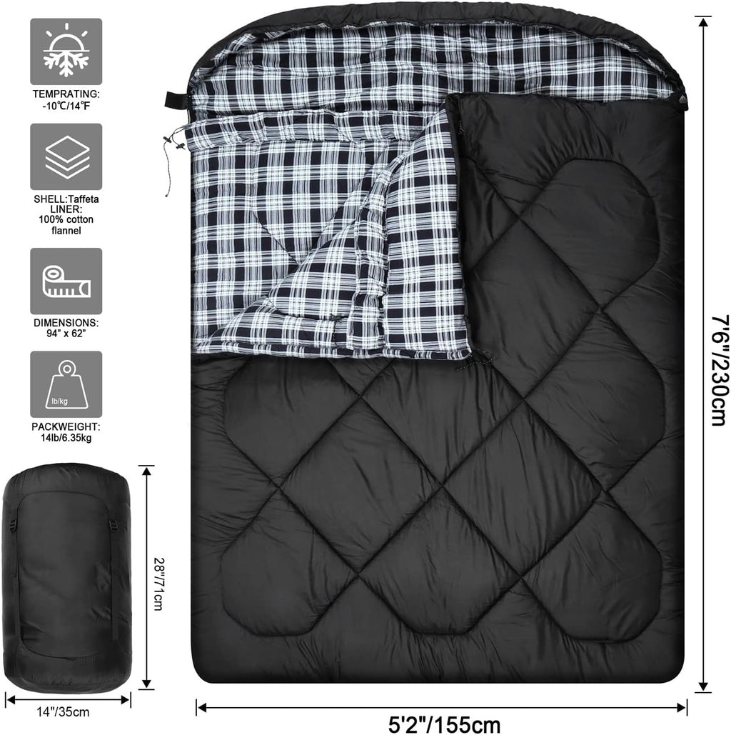 Mcota Winter 0 Grad Doppelschlafsack, Queen-Size-Größe, Schlafsack mit 100% Baumwoll-Flanellfutter, warm und wasserdicht, für 2 Personen Schlafsack für Camping, Angeln oder Jagd bei kaltem Wetter