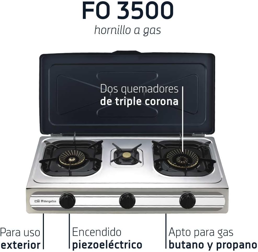 Orbegozo FO-3500 Gaskocher für Butan- oder Propangas, Piezo-Zündung, 3 Brenner