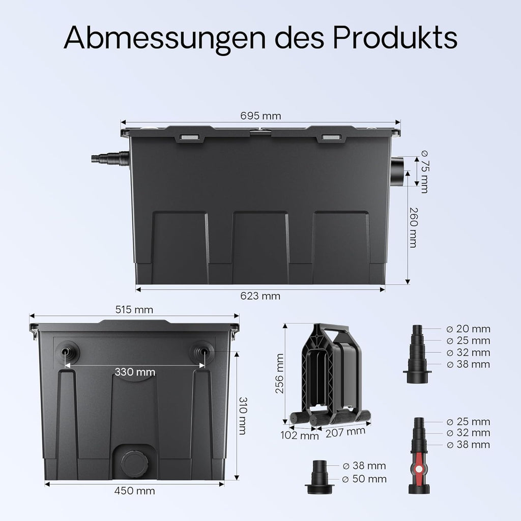 SunSun CBF-200T Bioteichfilter Komplettset mit 9W UVC Klärer, Teichpumpe 2300 l/h 35W, Thermometer und Filtermedien, Filteranlage Bio Teichfilter
