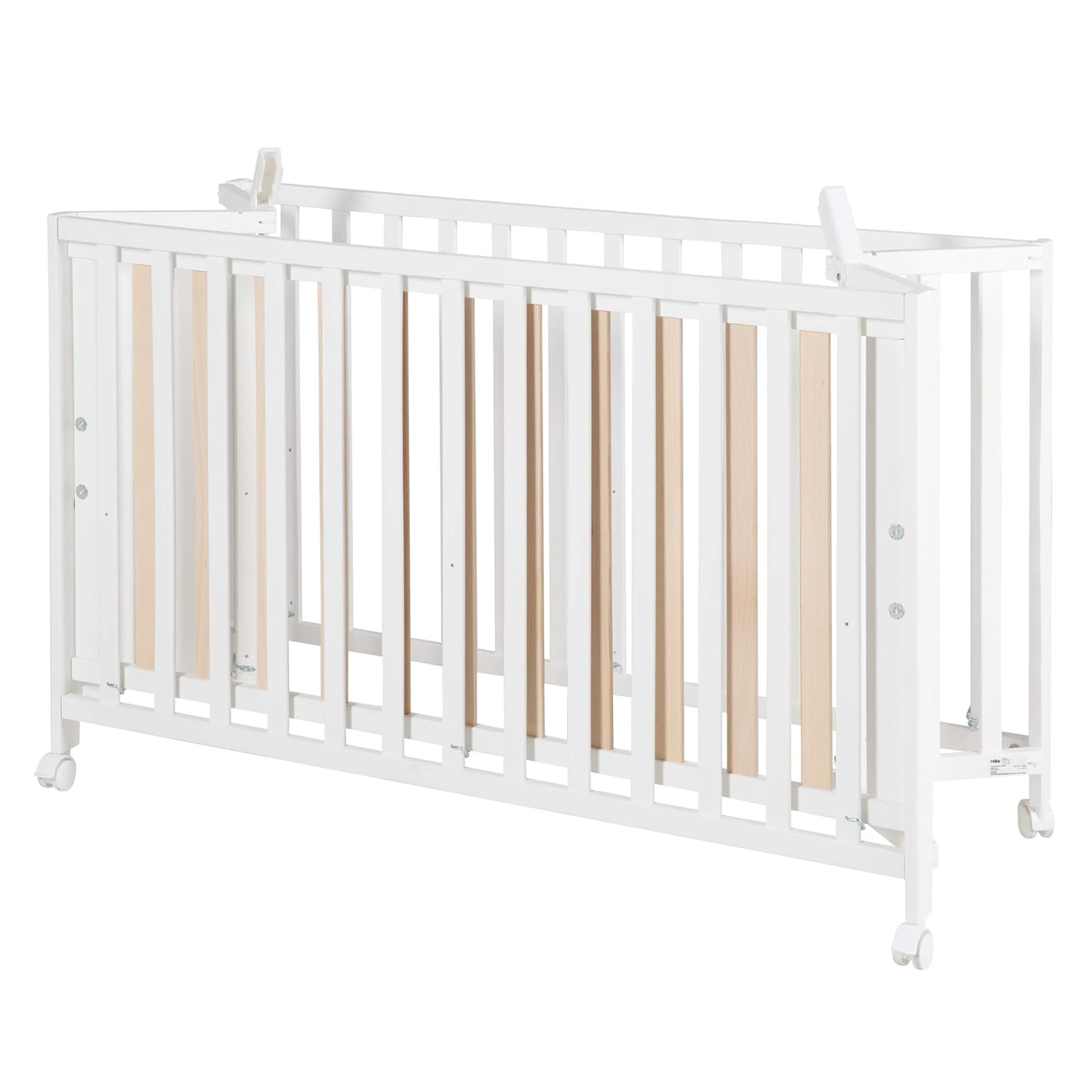 roba Klappbett Fold Up 60 x 120 - Klappbares Babybett aus Holz - 2-fach höhenverstellbar - Platzsparendes Gitterbett auf Rollen - Weiß