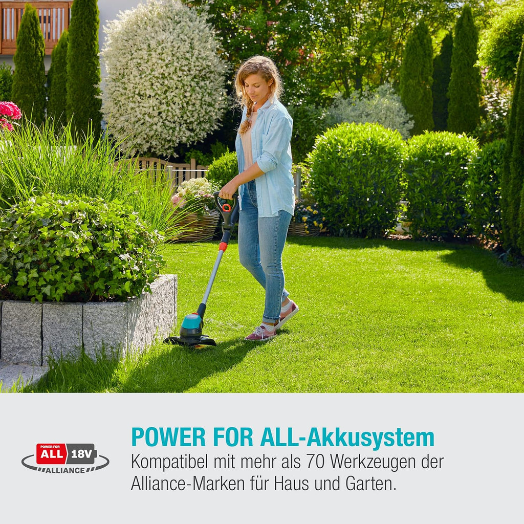 Gardena Akku-Trimmer EasyCut 23/18V P4A Ready-to-Use Set: Rasentrimmer mit 230 mm Schnittkreis, Verstellbarer Griff, Pflanzenschutzbügel und Stielneigungsverstellung, inkl. 18 V P4A Akku (14700-20)