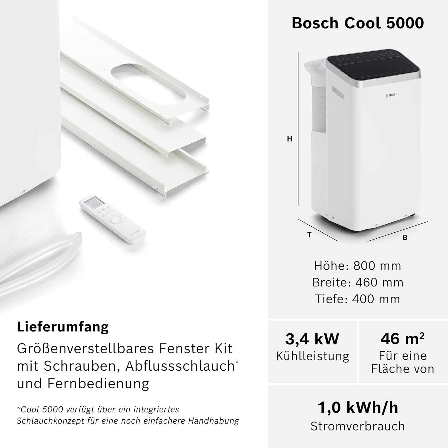Bosch Cool 4000 Climatizzatore Mobile - 3-in-1: Climatizzatore, Deumidificatore, Ventilatore - 2,6 kW per ambienti fino a 35m² - Con modalità automatica, silenziosa e notturna