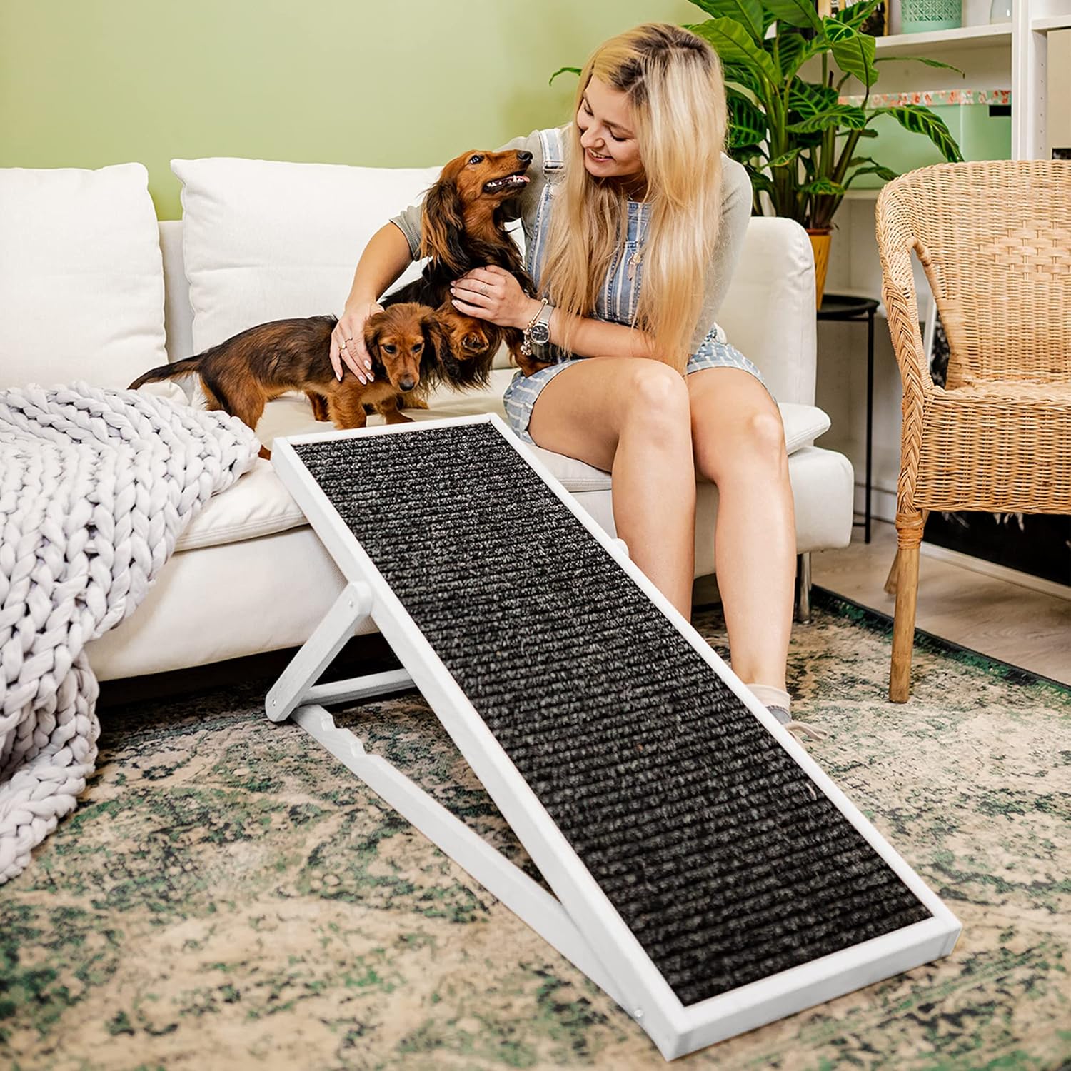 Holtaz Rampa per Cani Rampa per Gatti Scaletta per Cani per Letto o Divano Pieghevole in Legno Petwalk Scala per Cani Rampa di Carico per Animali Domestici con Inserto Antiscivolo Naturale