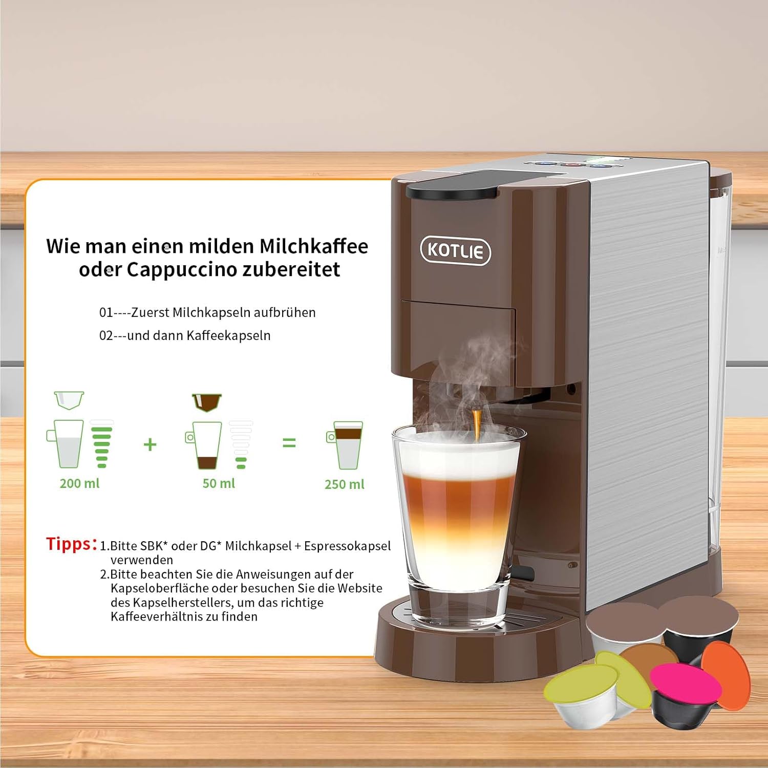 KOTLIE AC-513HF 5 in 1 Kaffeemaschine für NES/DG/a modo mio/Gemahlener Kaffee/ESE(44mm), Höhe für große Tassen (Schwarz)