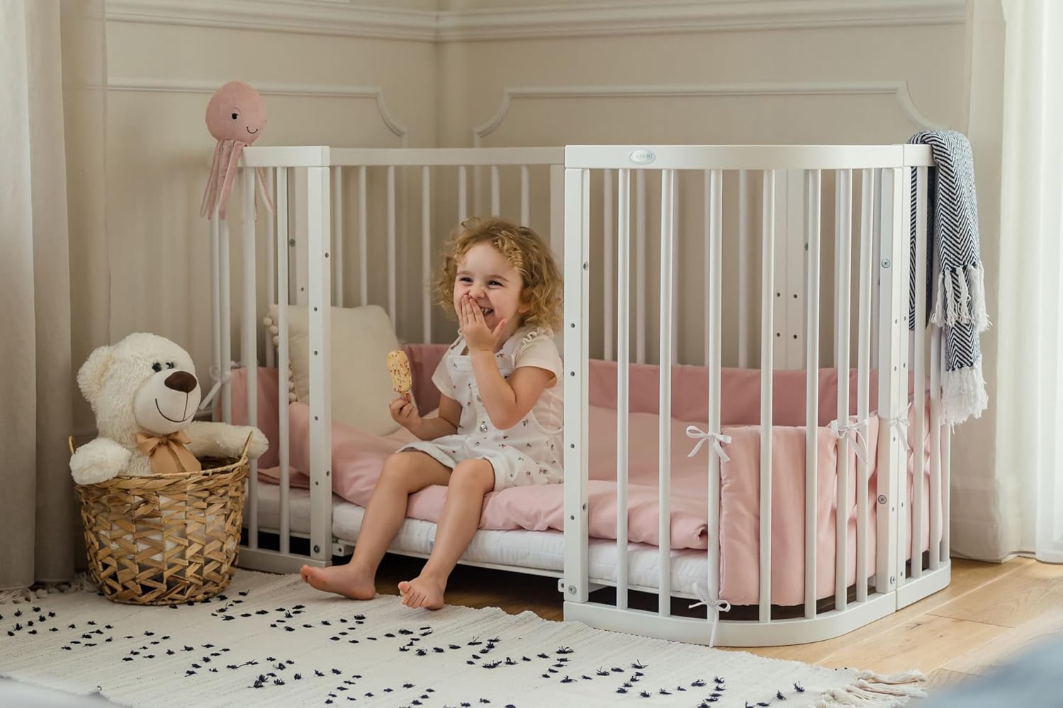 Waldin Lettino per bambini in legno 7in1 con materasso, Letto "Cresci con me", Ventilato, Base regolabile in 5 altezze, Set All-Inclusive, Legno Bianco