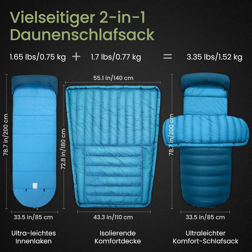 ATEPA Daunen Schlafsack Winter mit abnehmbare Decke, daunen Schlafsack XXL für 3-4 Jahreszeiten mit mattenbefestigung, Fußkasten, Zwei-Wege-Reißverschluss, Camping Outdoor