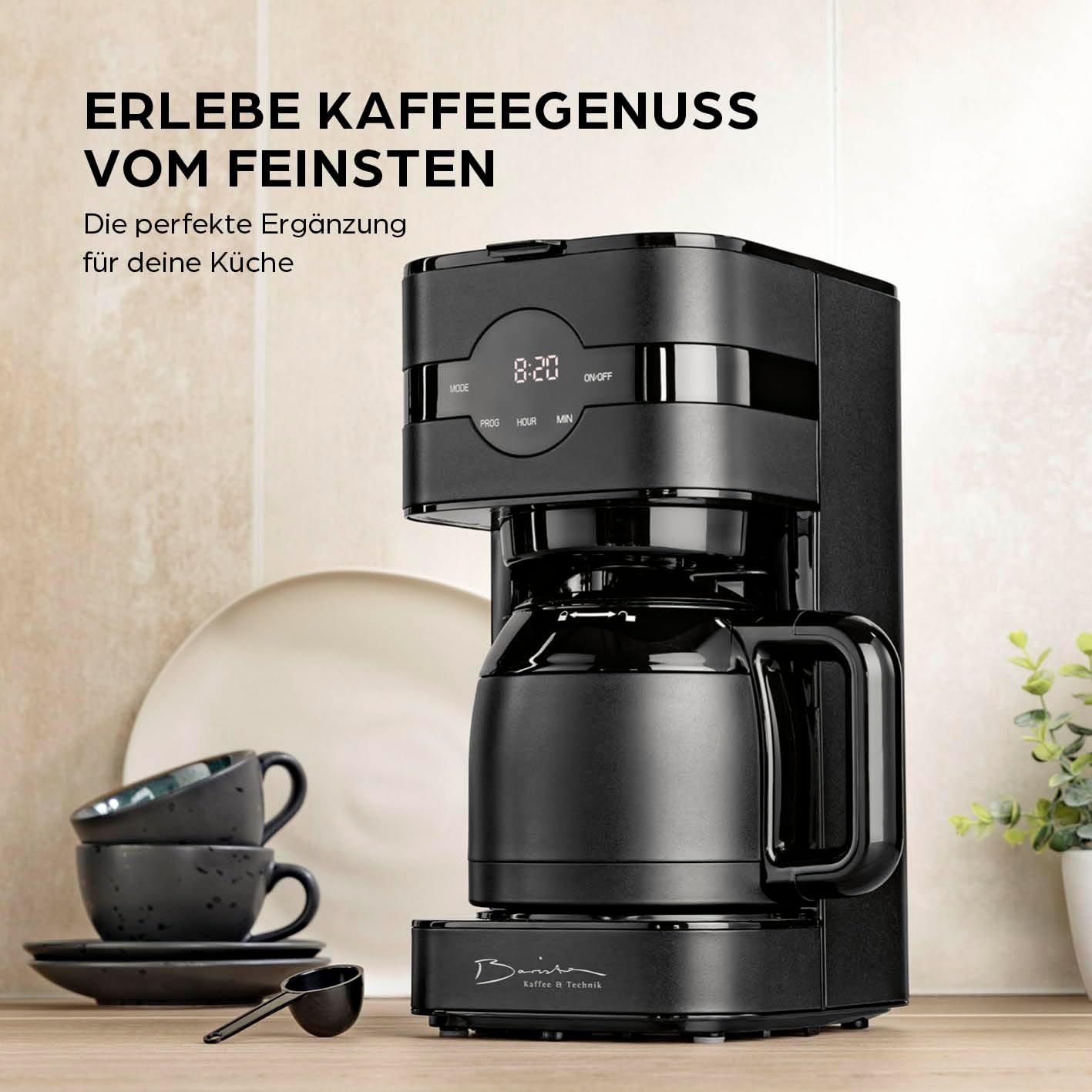 Barista Kaffeemaschine mit Mahlwerk | Filterkaffeemaschine mit Glaskanne | 900W Filtermaschine mit Touchdisplay & Timerfunktion für bis zu 10 Tassen | 1,25 Liter Kaffeekanne | Für Bohnen & Pulver