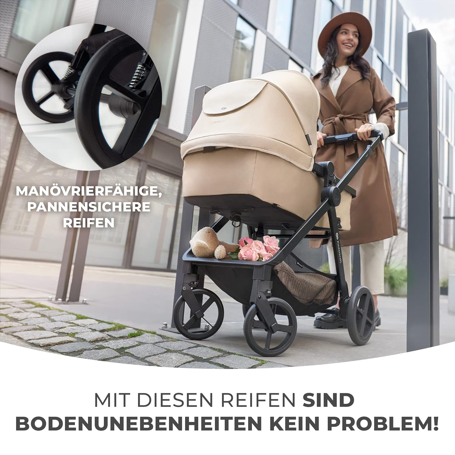 Kinderkraft NEWLY Kinderwagen 3 in 1, Komplettset bis 22 kg, Kindersitz I-Size 40-75 cm im set, Kombikinderwagen mit Fußsack, wasserfestes Verdeck mit UPF50+, Zusammenklappen, Liegeposition, Beige