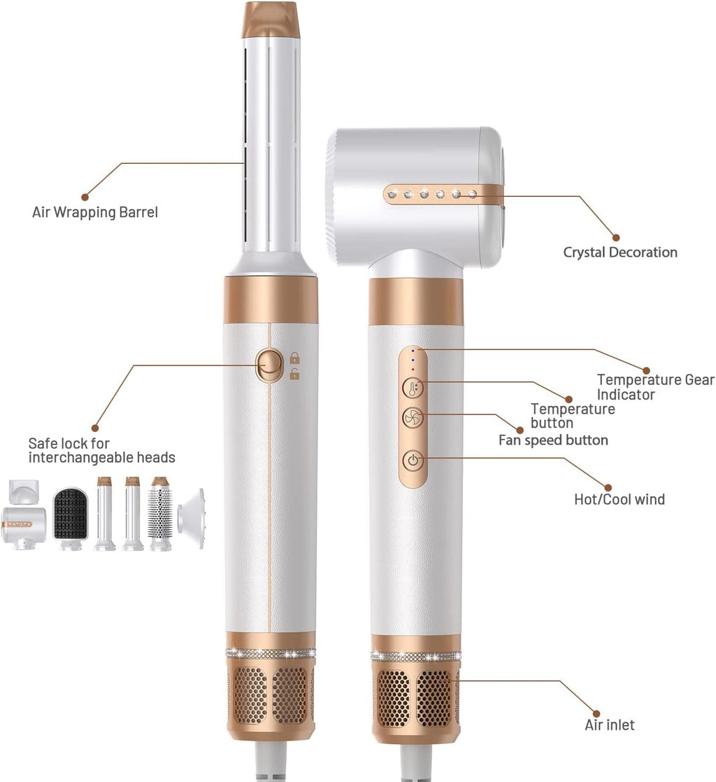Asciugacapelli Air Styler 7 In 1, Motore ad Alta Velocità 110000 giri/min, Spazzola ad Aria Calda Con 7 Accessori, Asciugare, Lisciare, Arricciare, Dare Volume, Massaggiare il Cuoio Capelluto, Cura Ionica (Bianco)